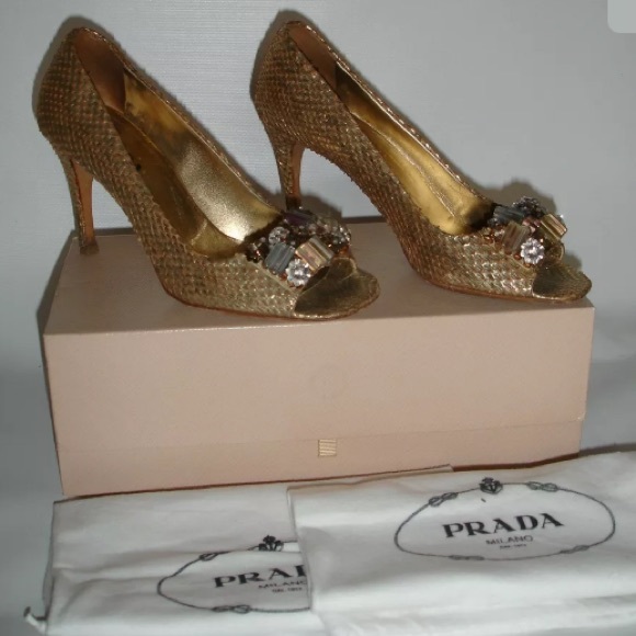 Prada Gold Metallic Python Open Toe Heels Size 37 - Picture 2 of 8